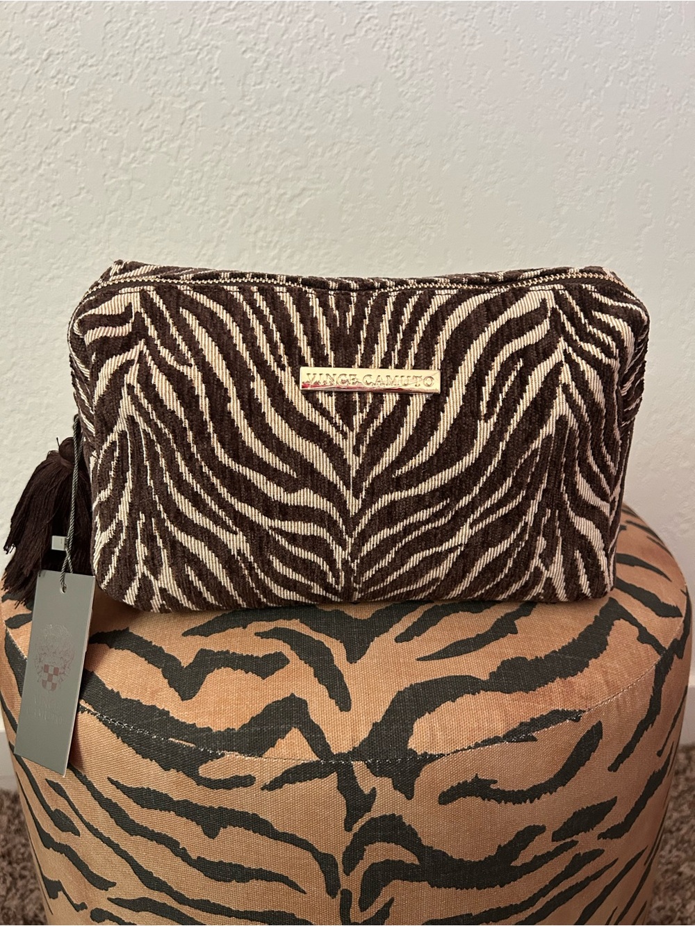 NEW Vince Camuto Brown & Cream Textured Zebra Print Cosmetic Pouch